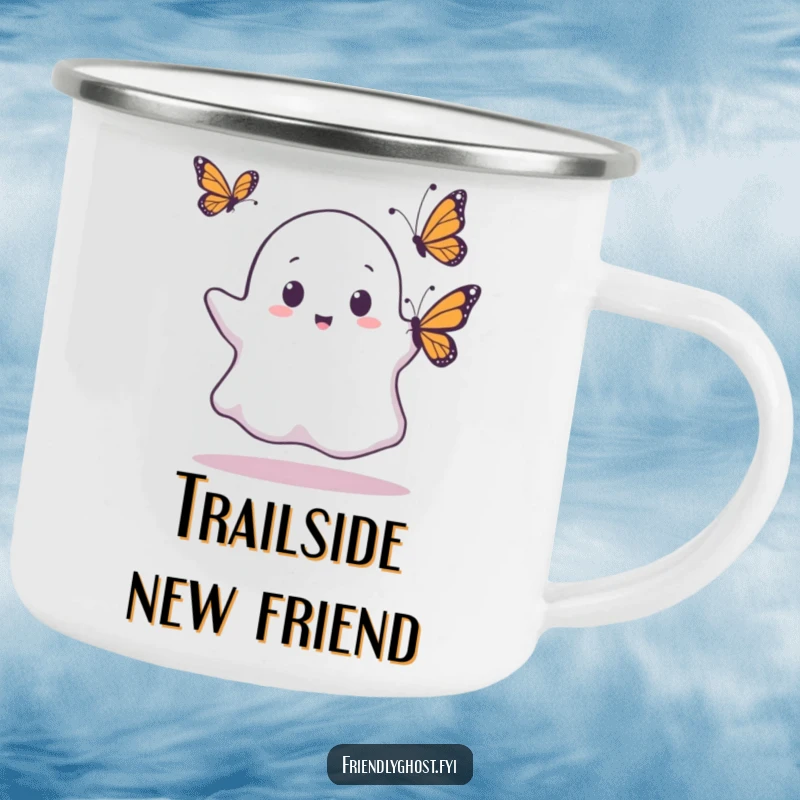 Funny camping mug featuring a ghost looking surprised by a butterfly, perfect for outdoor enthusiasts who love humor.
