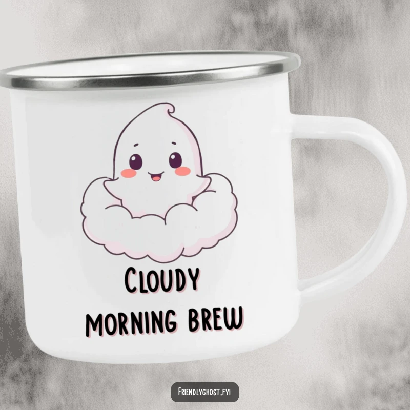 Funny Ghost Cloud Peeker Camping Mug: A happy ghost playfully peeks from a soft cloud, perfect for outdoor enjoyment and humorous sips.
