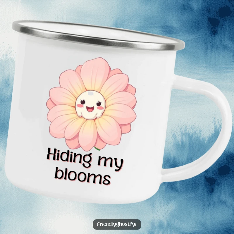 Funny Ghost Flower Camping Mug: Durable mug with a cute ghost peeking from a smiling flower, for humorous outdoor enjoyment.