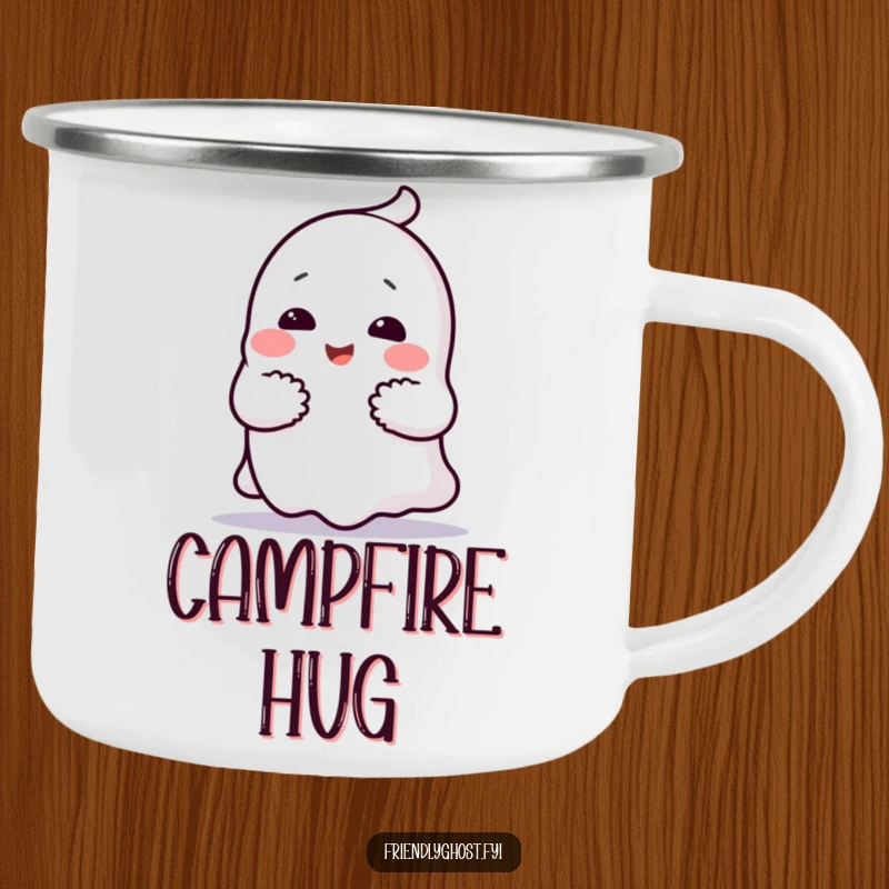 Funny ghost hug camping mug with a cheerful character giving a comforting hug, a durable and humorous outdoor mug gift.
