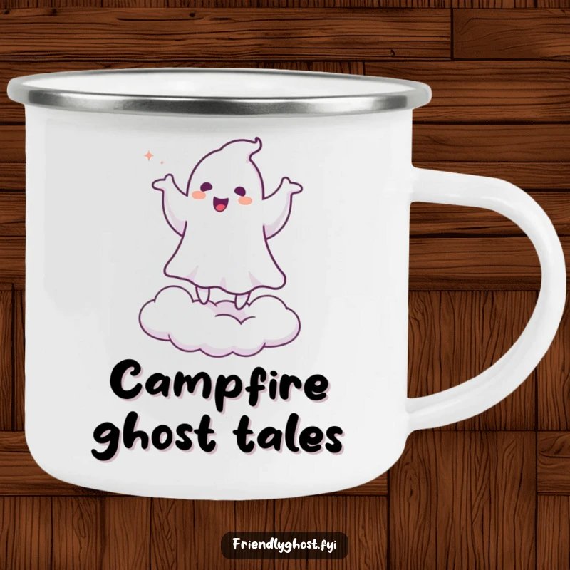 Funny camping mug with a ghost doing a happy jig on a cloud, perfect for outdoor lovers who appreciate humor and spooky themes.