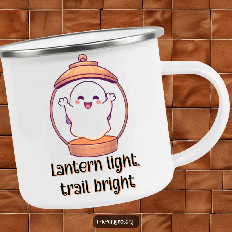 Funny ghost lantern camping mug with a cheerful ghost waving from a glowing lantern, perfect for spooky outdoor trips and funny gifts.