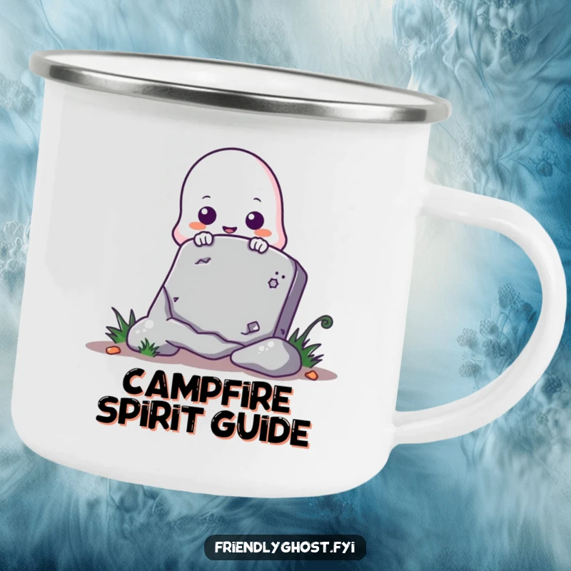 Funny ghost camping mug with a cute ghost playfully peeking from behind a tombstone, ideal for outdoor fun.