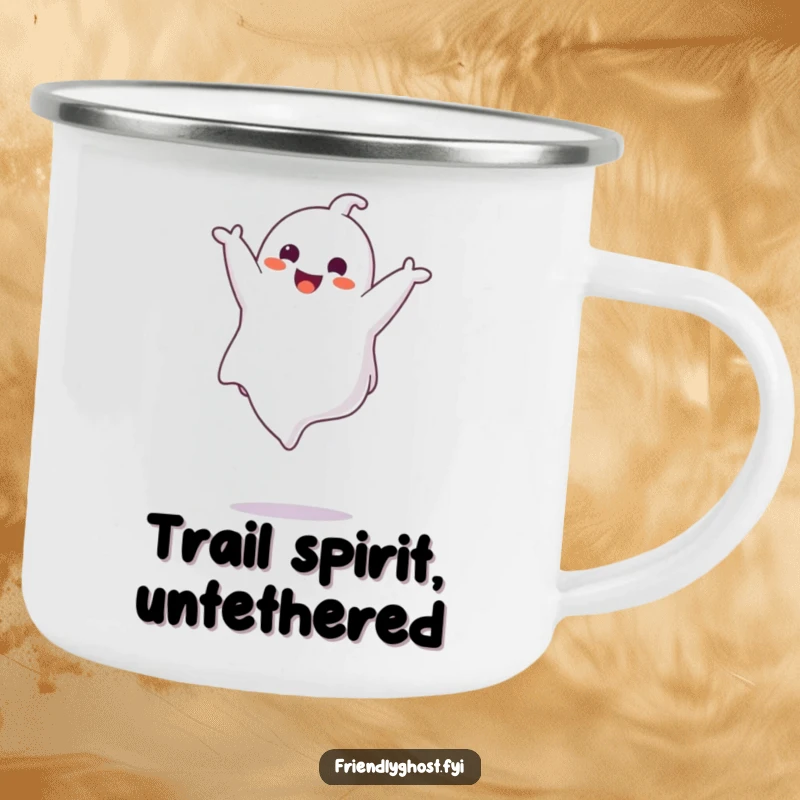 Funny ghost character doing a lively somersault on a durable camping mug, ideal for enjoying drinks outdoors with spectral humor.