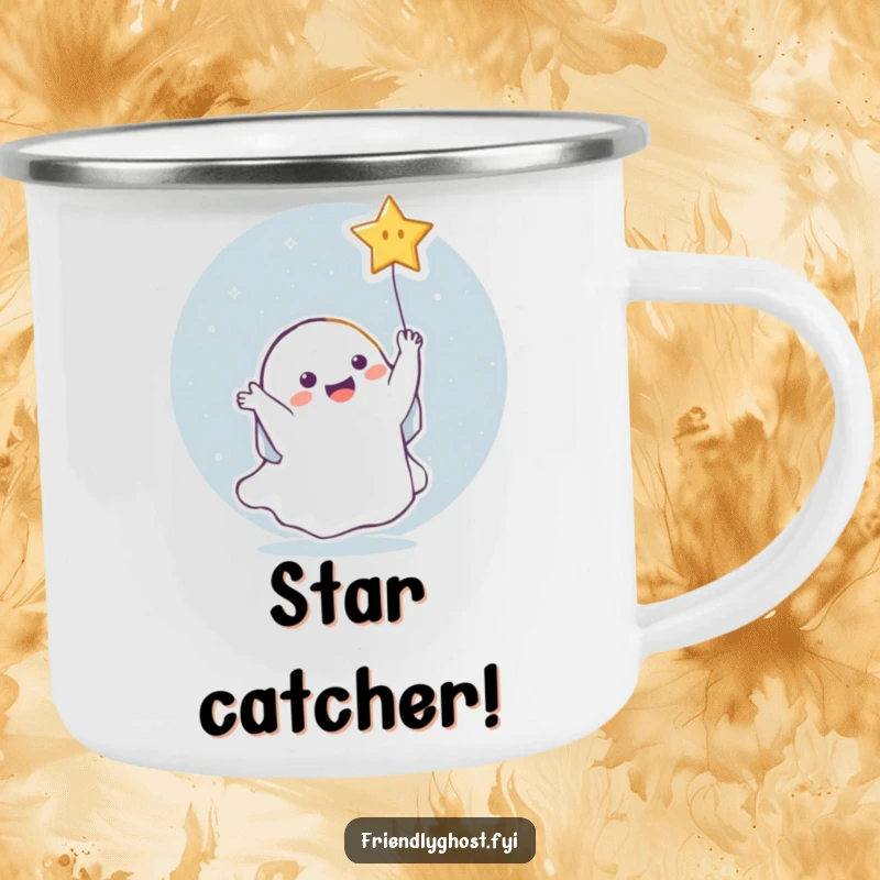 Funny Ghost Star Camping Mug: Durable mug featuring a ghost joyfully catching a falling star, for humorous outdoor enjoyment.