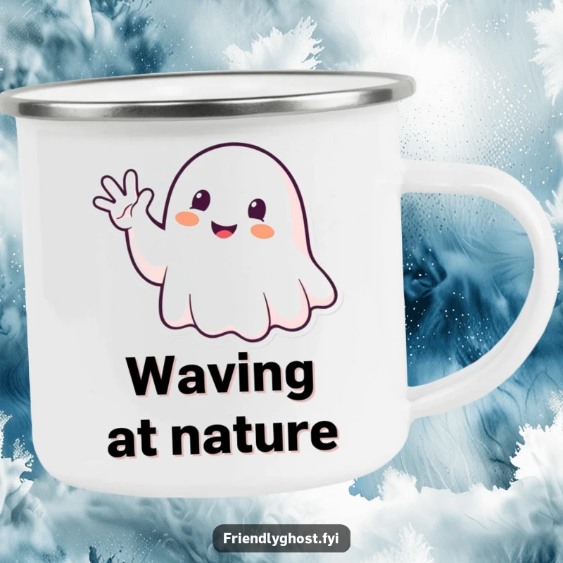 Funny Ghost Waving Camping Mug: Happy spirit waving enthusiastically, perfect for friendly outdoor humor.