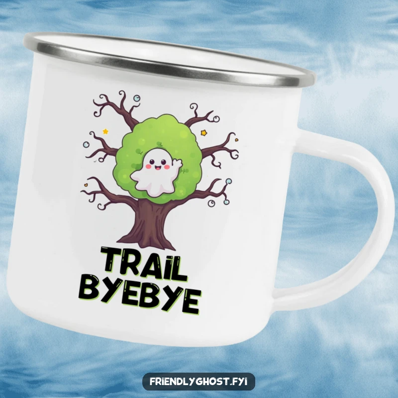 Funny ghost camping mug showing a friendly ghost waving from a spooky tree, perfect for enjoying beverages outdoors.