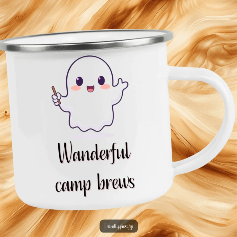Funny camping mug with a translucent ghost happily waving a tiny, glowing wand, perfect for enjoying magical drinks outdoors.