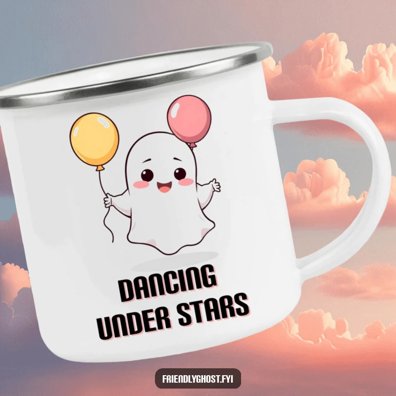 Funny giggling ghost camping mug featuring a silly character dancing with a balloon.