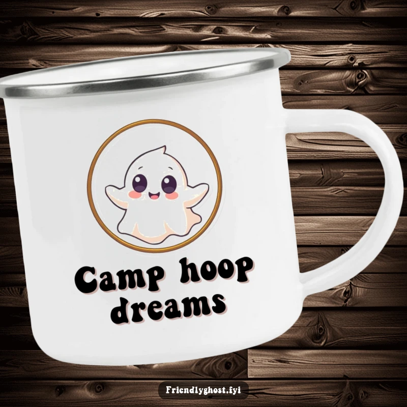 Funny camping mug with a giggling ghost with big eyes gently floating through a hoop, perfect for cheerful outdoor enjoyment.