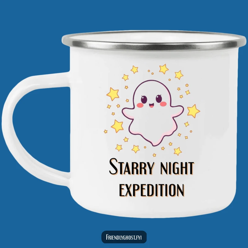 Funny Happy Ghost Stars Camping Mug: Joyful Character Campfire Companion