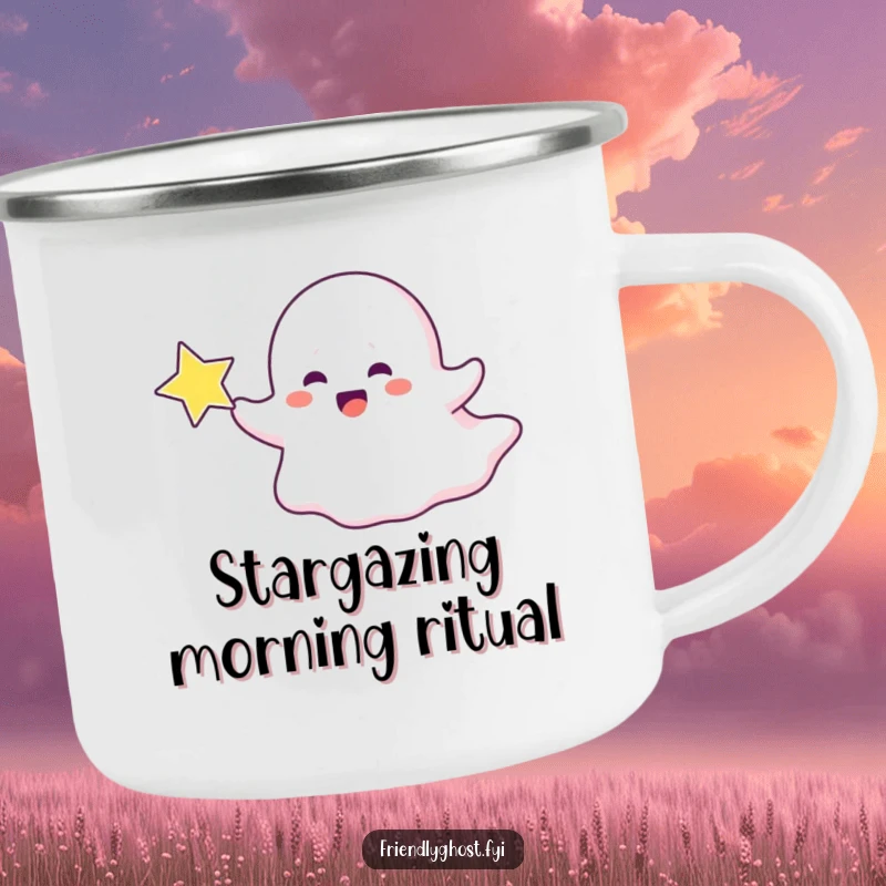 Funny ghost camping mug with a ghost character joyfully chasing a sparkling star, perfect for outdoor magic.
