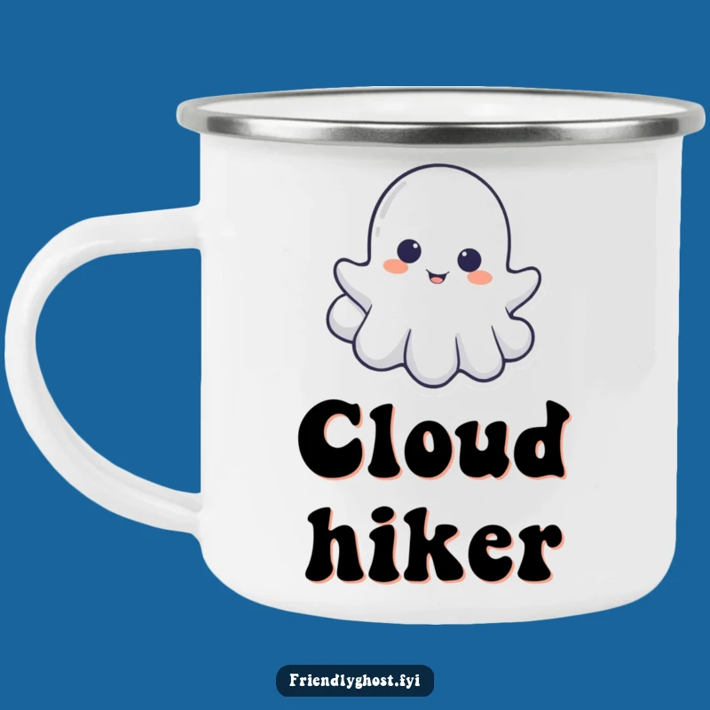 Take a playful spectral surprise on your adventures with this funny ghost camping mug. The little ghost peeking from a cloud is always ready.