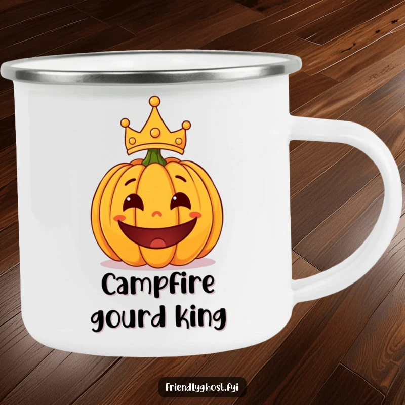 Funny surprised pumpkin with a playful grin and a lopsided crown, a durable and humorous camping mug.