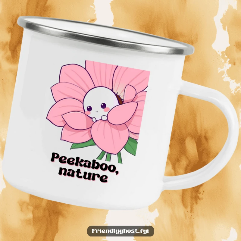 Funny shy ghost camping mug featuring a shy character playfully peeking from behind a large, colorful flower.