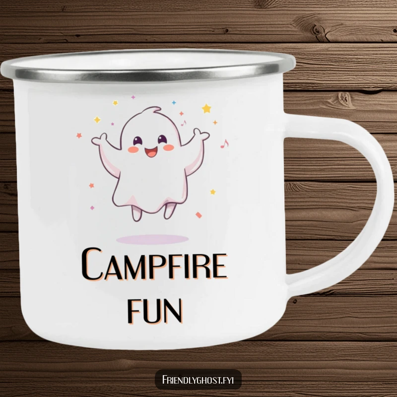 Funny camping mug with a smiling ghost joyfully jumping amidst confetti, ready for any spectral celebration outdoors.