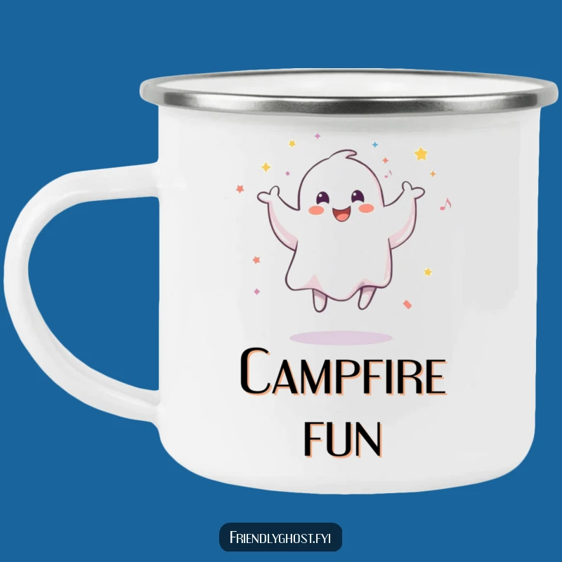 Bring the celebration wherever you roam with this funny ghost camping mug. The smiling ghost and confetti are ready for adventure.