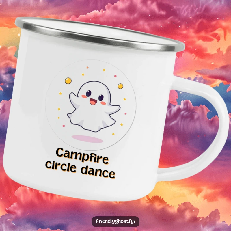 Funny camping mug with a round ghost character spinning in a circle with joyful abandon, ready for fun outdoor moments.