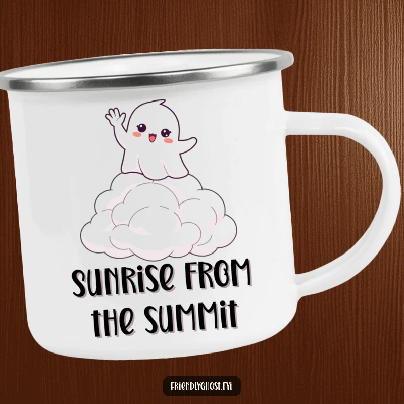 Funny camping mug with a happy ghost waving hello from atop soft, fluffy clouds, ready for adventures and smiles.