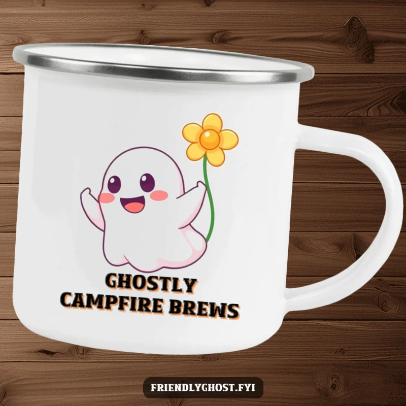 Funny camping mug with a grinning ghost playfully booping a flower, designed for outdoor enjoyment and lighthearted sipping.