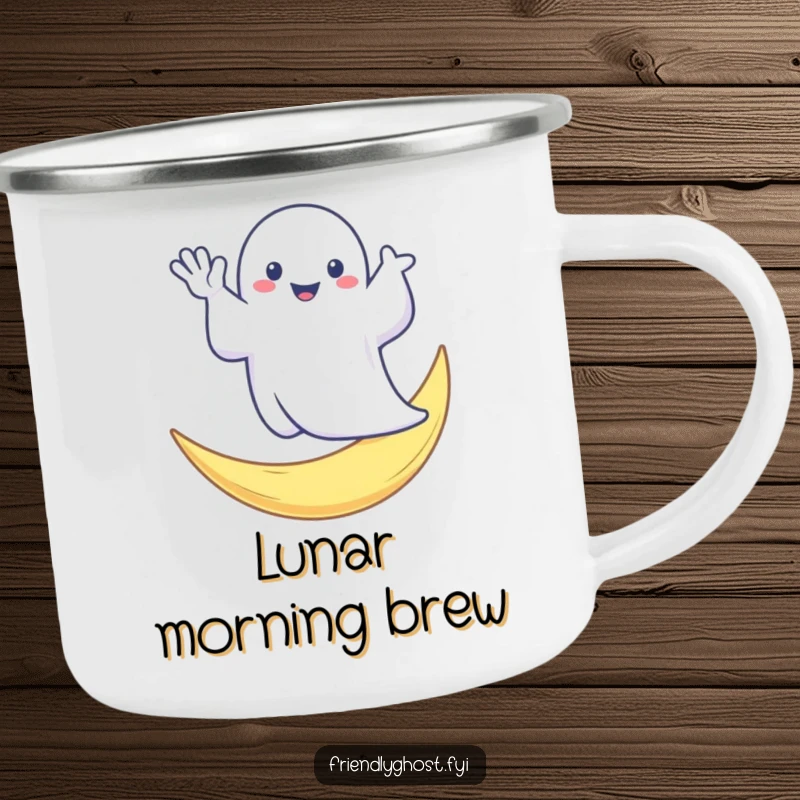 Funny camping mug with a ghost waving from a crescent moon, perfect for outdoor enthusiasts who love spooky and humorous designs.