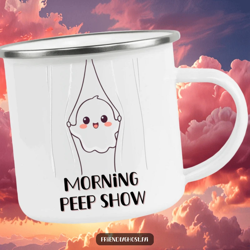 Funny ghost camping mug with a cheerful ghost peeking from behind a shimmering curtain, great for outdoor drinks.