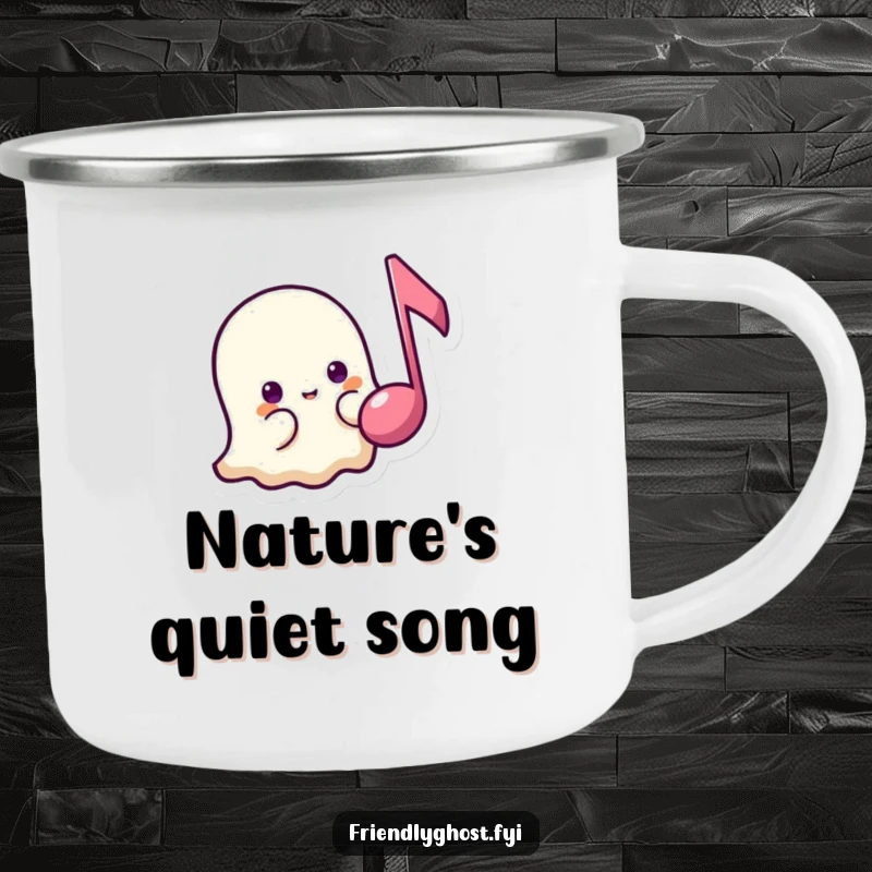 Funny shy ghost music camping mug with a timid ghost peeking from behind a floating music note, perfect for gentle outdoor trips and gifts.