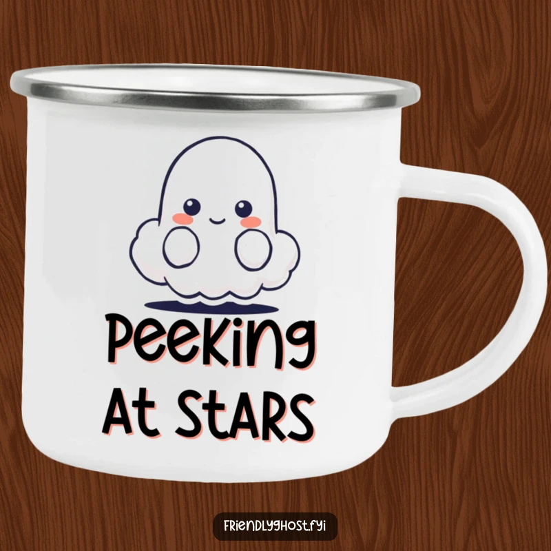 Funny camping mug illustrating a shy ghost character peeking from behind a small, smiling cloud.