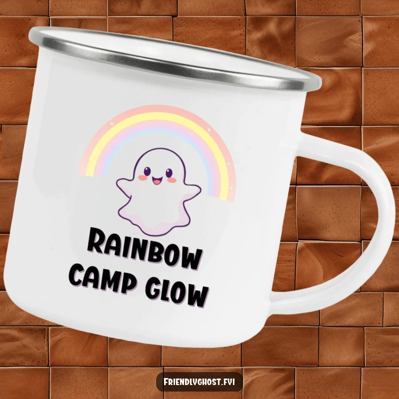 Funny camping mug showing a happy ghost floating through a rainbow, perfect for outdoor fun and embracing magic.