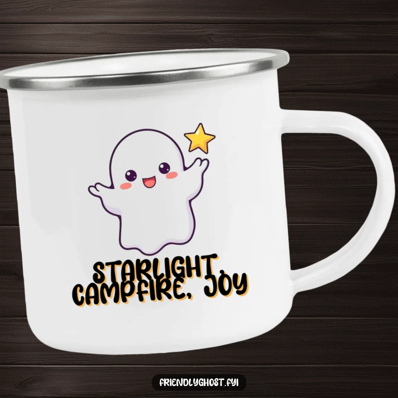 Funny camping mug with a friendly ghost reaching a wispy hand to a tiny, flickering star, ready for magical outdoor moments.