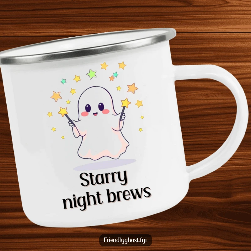 Funny camping mug featuring a cute ghost hilariously juggling star pins, perfect for outdoor enthusiasts who love spooky, celestial themes.
