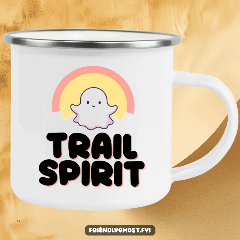 Funny camping mug adorned with a tiny ghost happily floating through a radiant rainbow, perfect for spectral outdoor adventures.