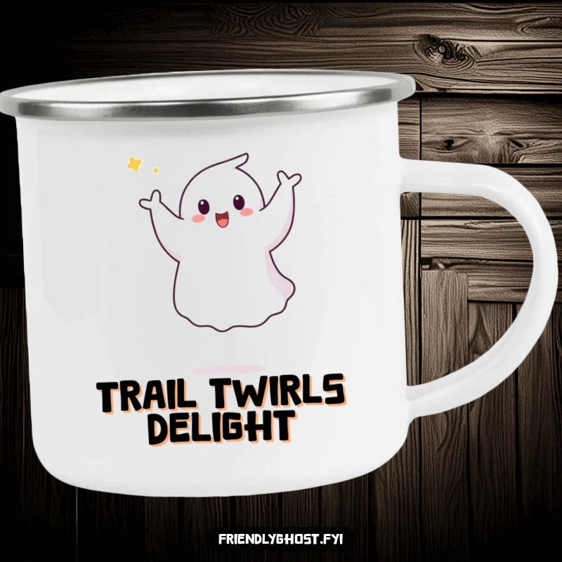 Funny Ghost Pirouette Camping Mug: A happy ghost joyfully performs a playful aerial pirouette, perfect for outdoor enjoyment and spirited sips.