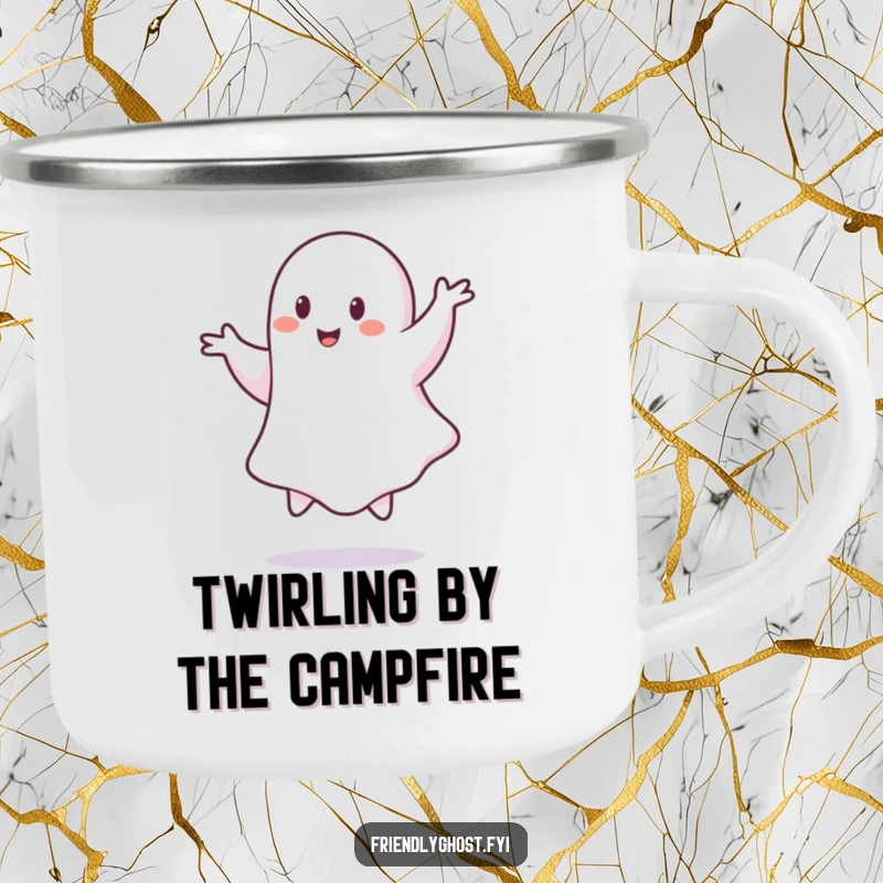 Funny ghost camping mug, a specter doing a graceful pirouette, perfect for outdoor brews with flair.