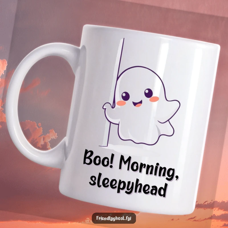 Funny ghost mug peeking around a corner with a wide, charming smile, radiating playful and spooky vibes.