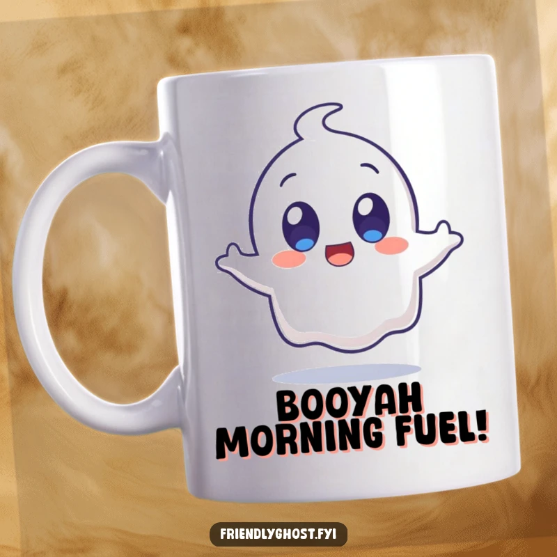 Funny surprised ghost character with wide, happy eyes mid-jump on a mug, conveying pure, comical shock and delight.