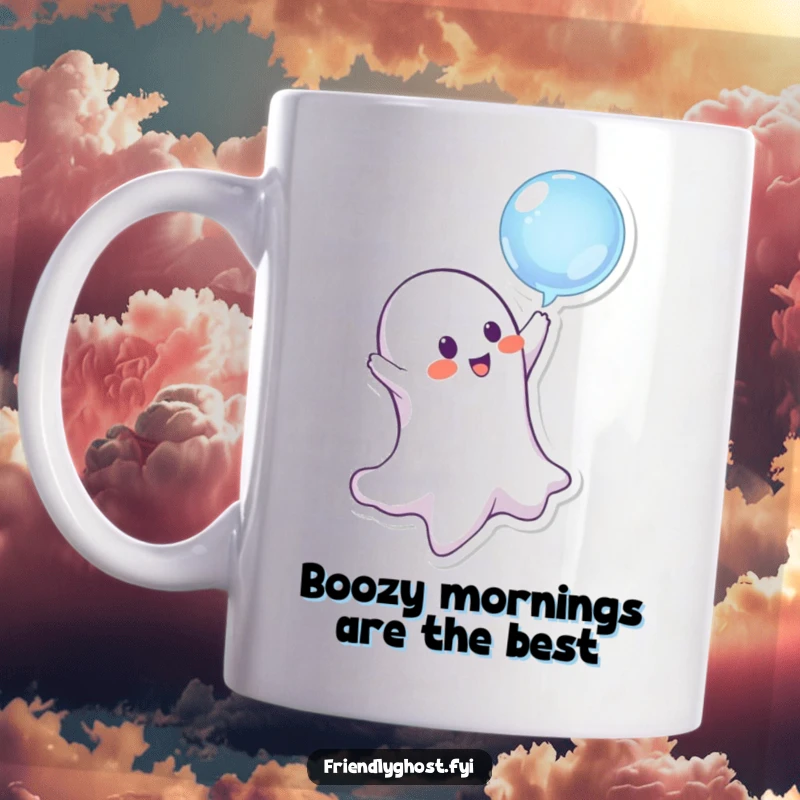 Funny ghost character playfully bopping a floating bubble with a mischievous grin, a delightful and humorous mug design.