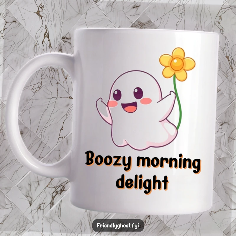 Funny mug with a friendly ghost grinning and booping a floating flower, evoking joy and lightheartedness.