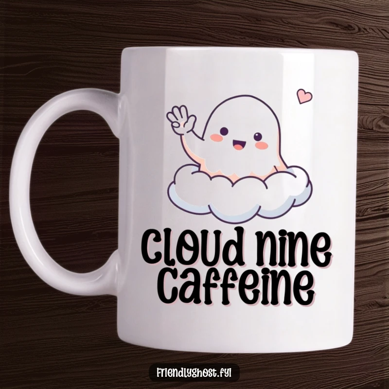 Funny ghost mug featuring a small, friendly ghost character waving happily from a fluffy white cloud.