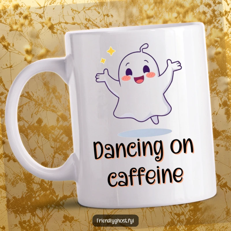 Funny mug featuring a joyful ghost performing a silly, wobbly dance, radiating spectral happiness and carefree fun.