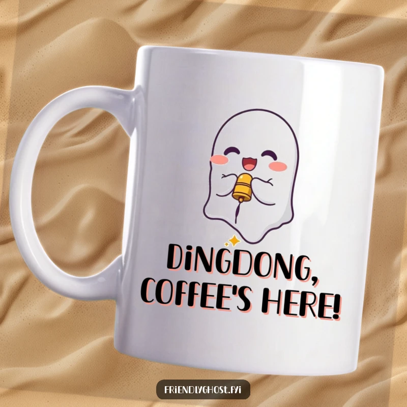 Funny Ghost Bell Ringer Mug: Delighted spirit playfully ringing a small, tinkling bell, perfect for a humorous gift.