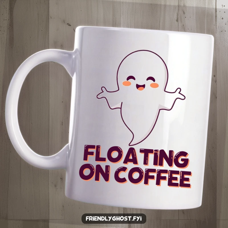 Funny ghost mug with open arms joyfully hugging a delicate floating bubble, conveying warmth and innocent happiness.