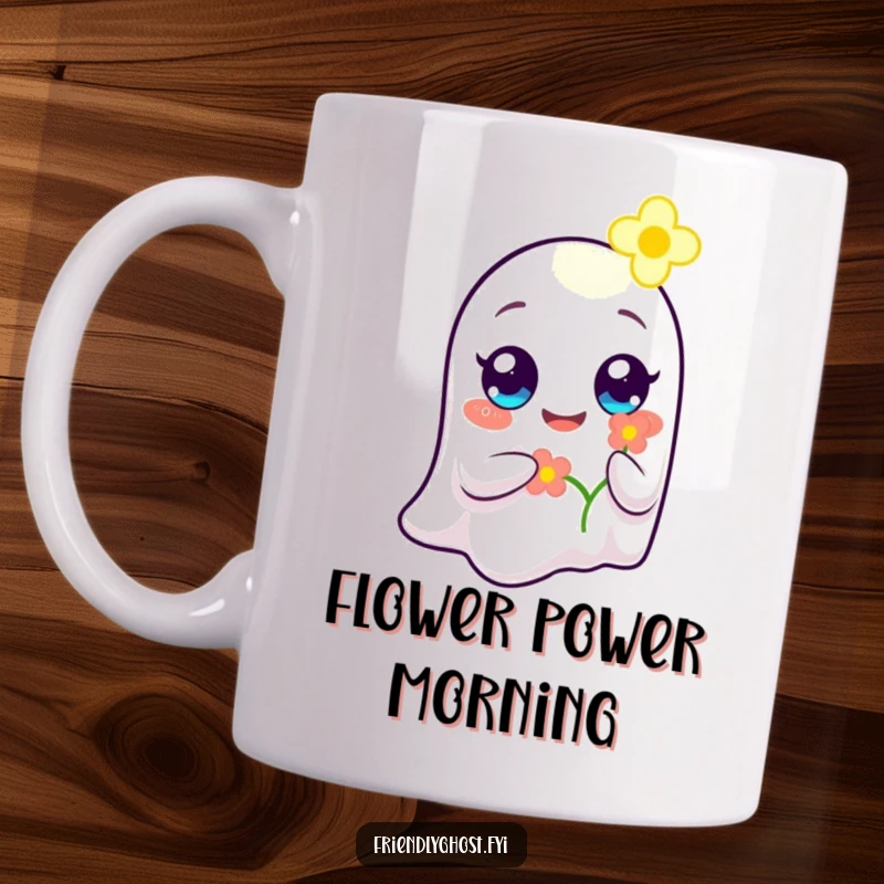 Funny Ghost Flower Bearer Mug: A ghost with wide, happy eyes gently offers a luminous flower, radiating warmth and kindness.