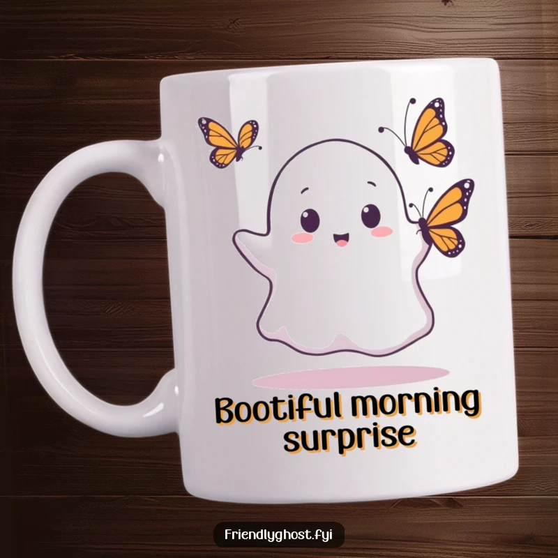 Funny mug showing a startled ghost looking at a butterfly on its nose, a humorous and sweet nature-inspired design.