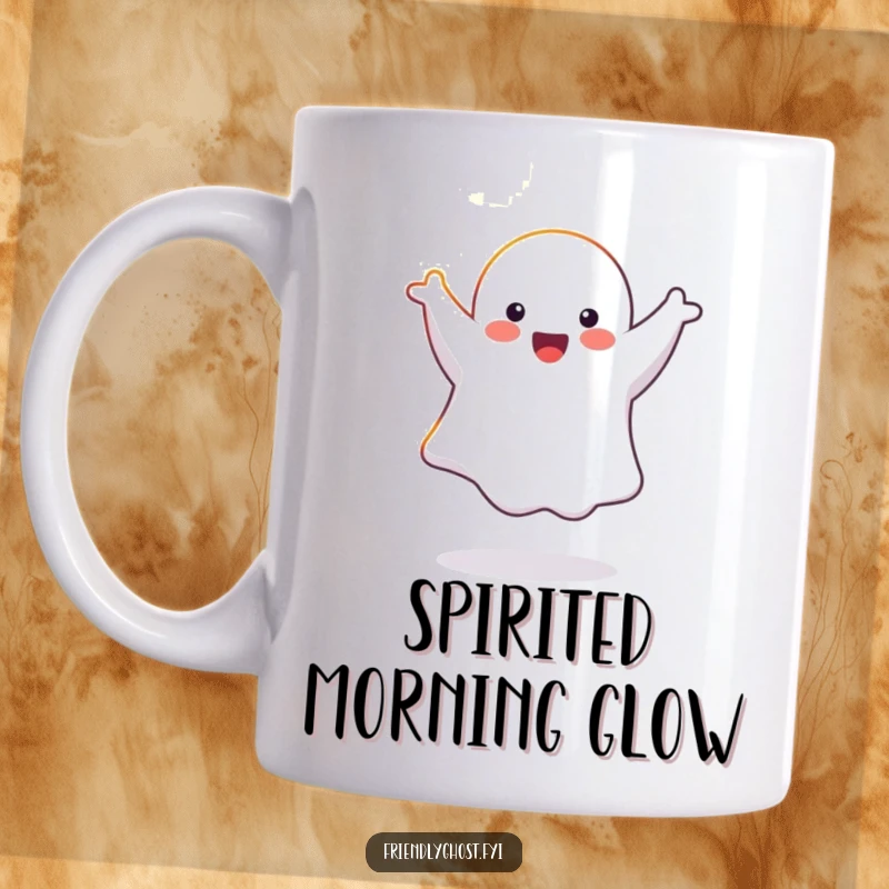 Funny joyful ghost character doing a cartwheel in a bright sunbeam, radiating happiness on a mug.