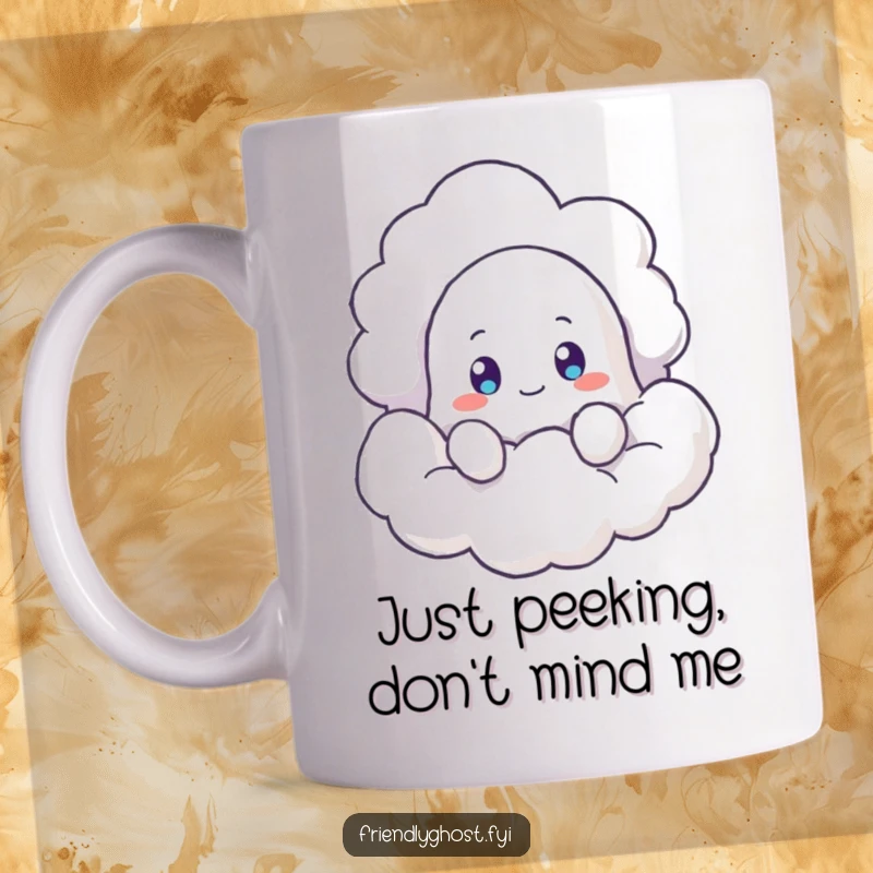 Funny Ghost Cloud Mug: A curious ghost peeks from behind a fluffy cloud, its eyes wide with wonder. Perfect for ghost lovers and funny gift seekers.