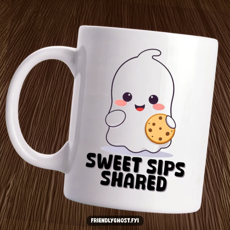 Funny ghost character mug, smiling sweetly while sharing a tiny cookie, radiating warmth and kindness.