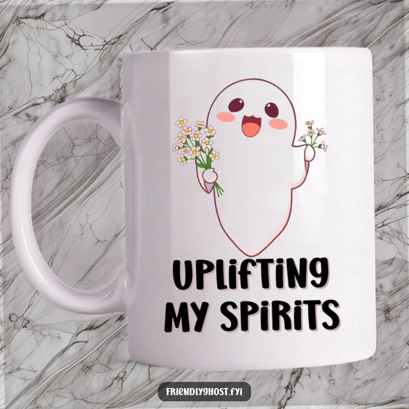 Funny delighted ghost floating upwards gracefully, holding a bouquet of tiny flowers, on a mug.