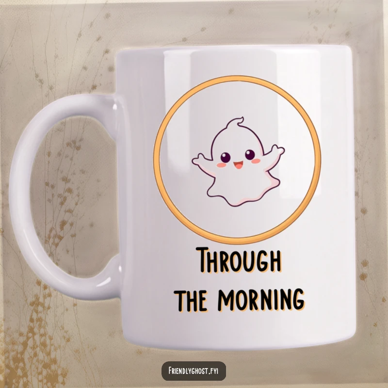 Funny ghost mug depicting a spectral character gracefully floating through a hula hoop with ease and a cheerful demeanor.