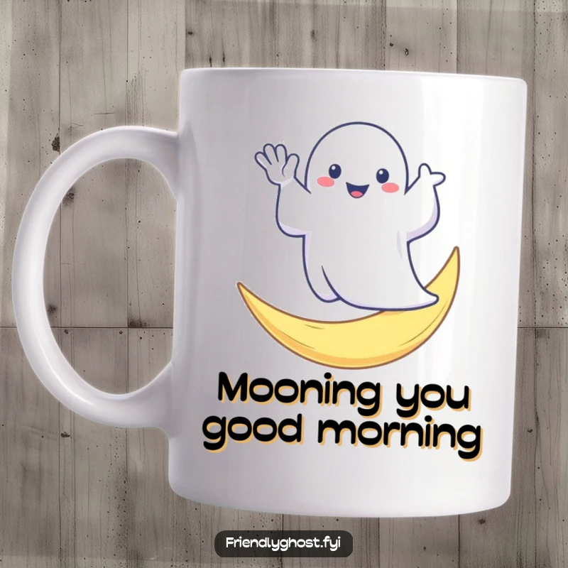 Funny mug featuring a cute ghost waving cheerfully from a glowing crescent moon, a delightful and whimsical design.